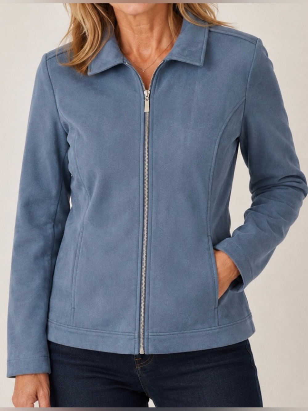 Chico's Dusty Blue Zip-Front faux Suede Jacket excell used condition Misses 8-10